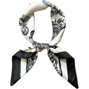 Silk Feel White Flowers Edge Satin Square Head Scarf for Women Medium 28 Inch